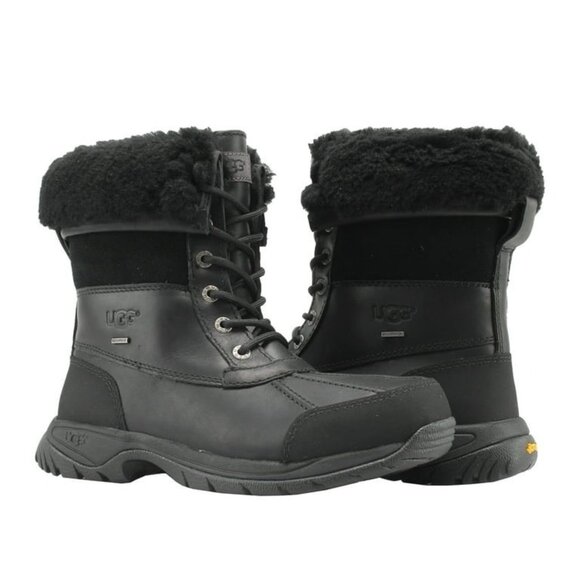 UGG Butte Black Waterproof Leather Sheepskin Winter Snow Boots Size US 10 Men - Picture 1 of 11